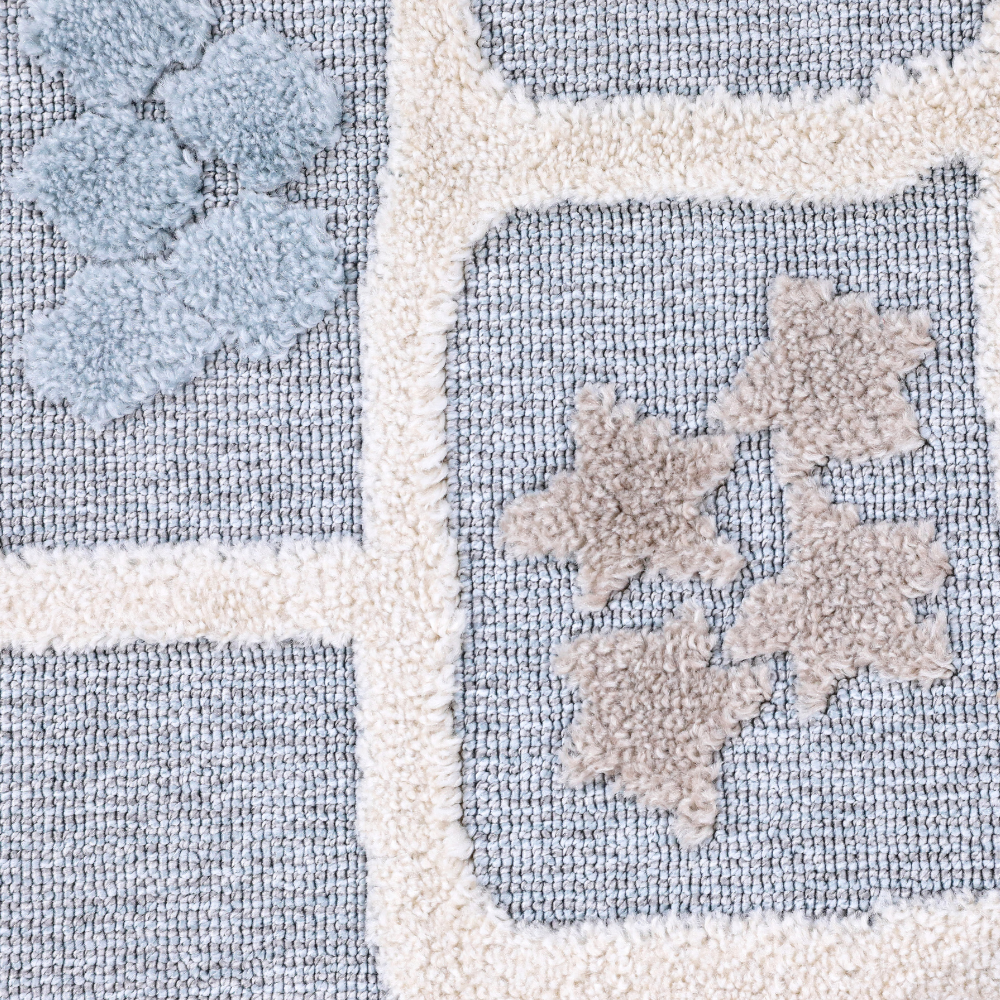 Pastel shapes on gray background in Veiled Dreams Kids Woven Rug for playful spaces.