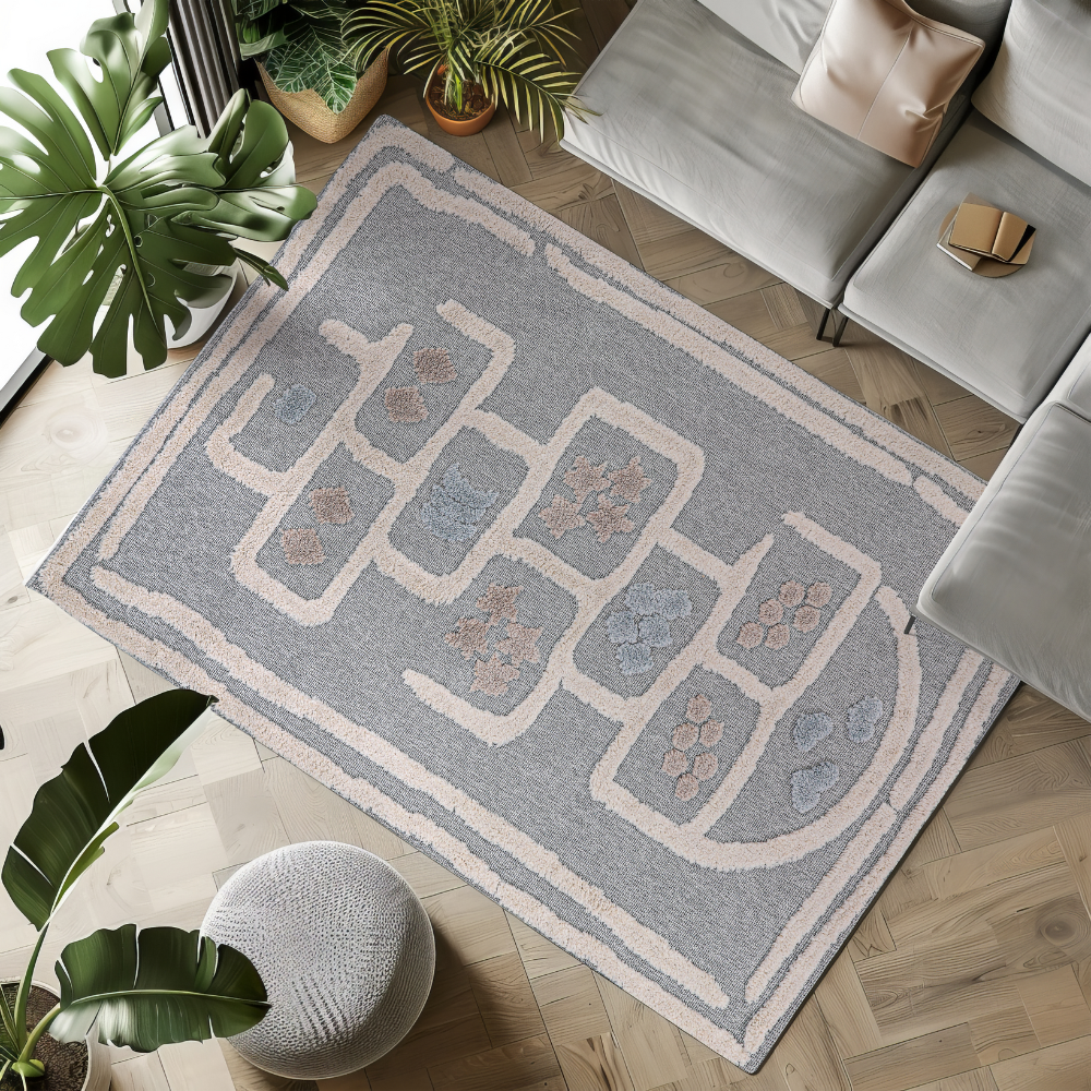 Pastel floral patterned rug on a soft gray background for kids' playroom