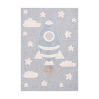 Kids woven rug with rocket, clouds, and stars design for playroom decor.
