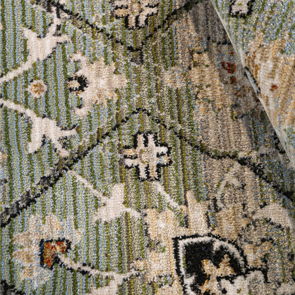 Green and beige Wren geometric textured rug with floral design