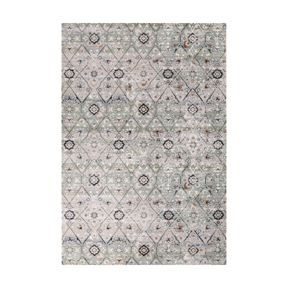 Wren geometric textured rug in green and beige with floral design
