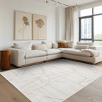 Thalion abstract textured rug in neutral tones, enhancing a modern living room design.