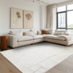 Cream Lorien Stripe Textured Rug enhancing contemporary living space aesthetics.