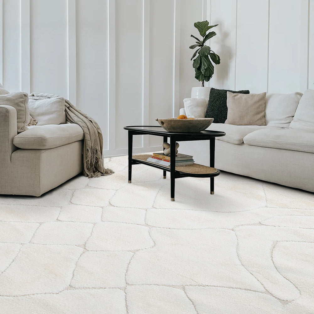 Cream Nyx geometric rug enhancing cozy living room decor