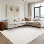 Cream Nyx geometric rug enhancing modern living room aesthetics.