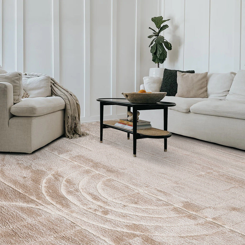 Light Callidora geometric textured rug enhancing modern living room aesthetics.