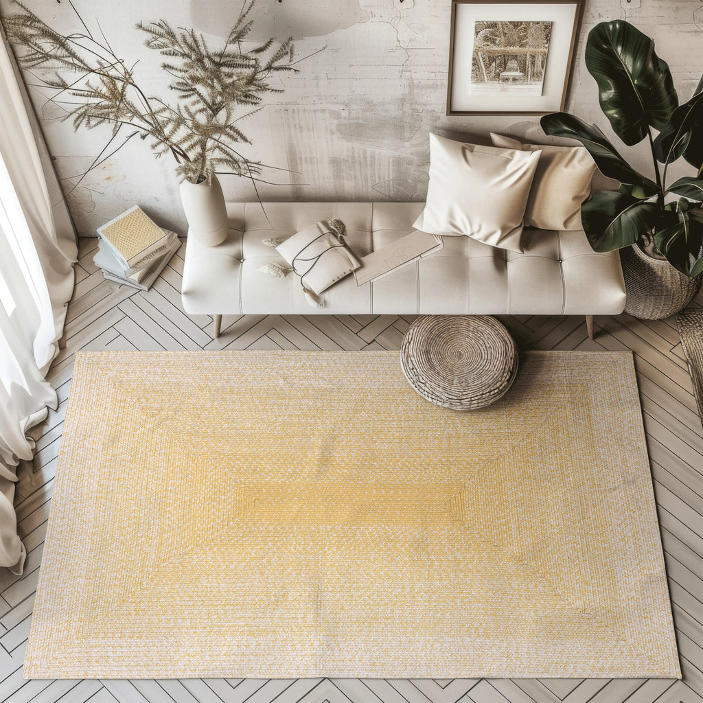 Yellow and cream Frosted Twilight Vintage Woven Rug in stylish living room setting