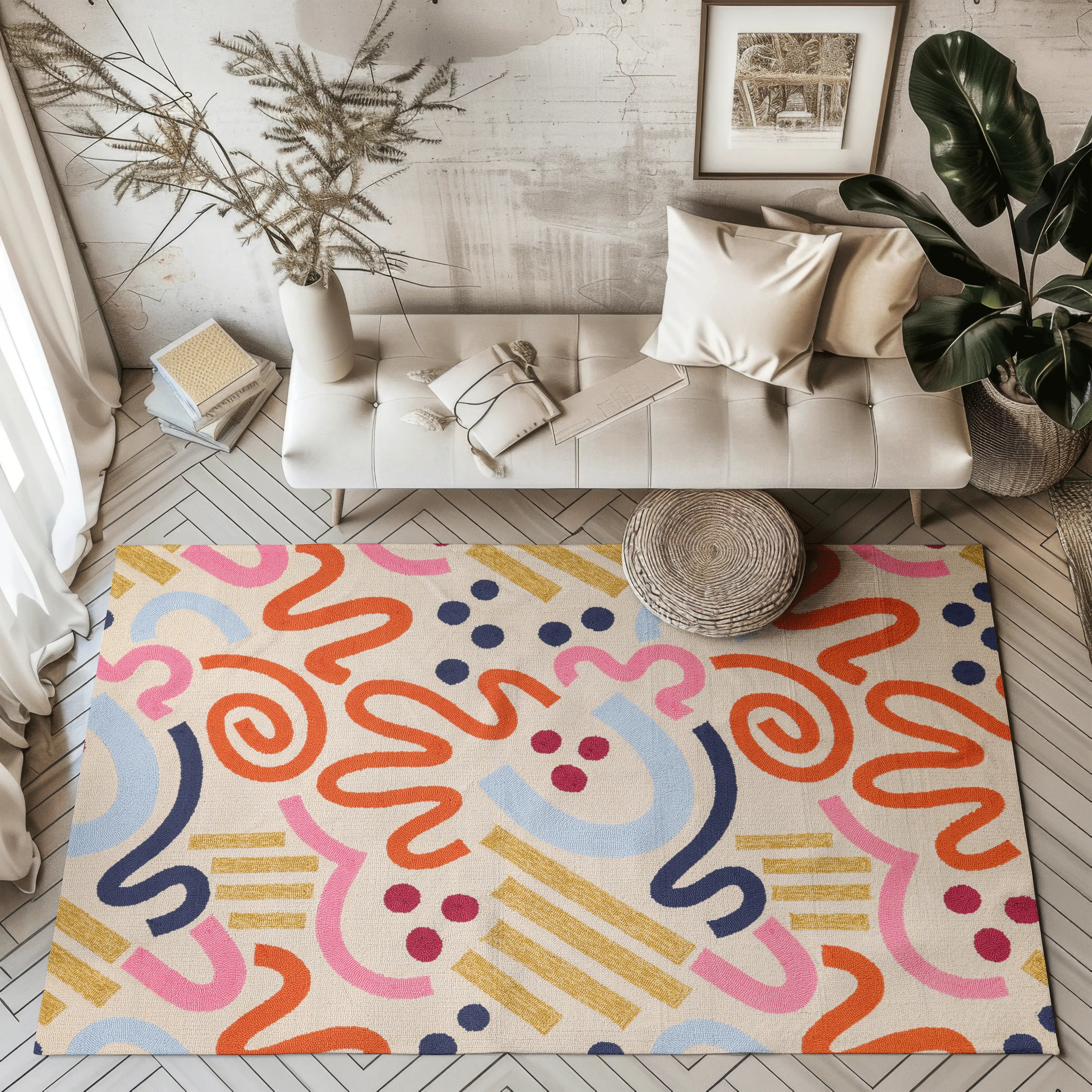Desert Sand multicolor rug with vibrant abstract patterns in a stylish living room